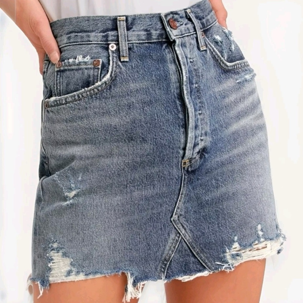 AGOLDE High Rise Distressed Denim Mini Skirt - Size 25